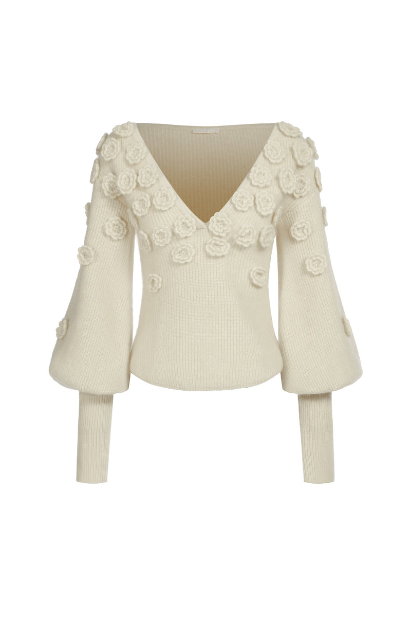 Pull Col V En Mohair Et Laine À Fleurs - Blanc
