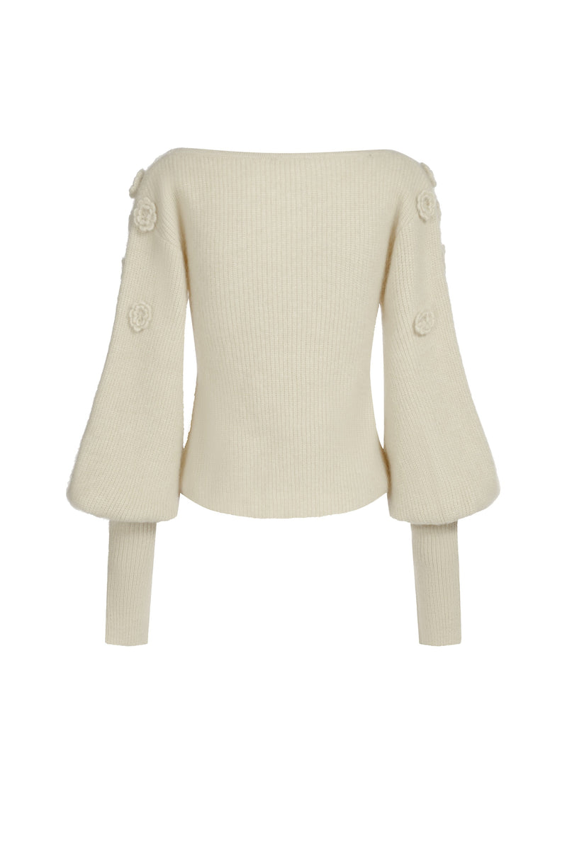 Pull Col V En Mohair Et Laine À Fleurs - Blanc