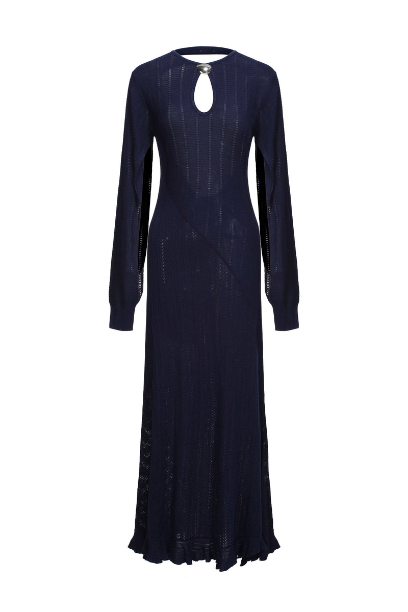Robe En Maille À Dos Ouvert Et Manches Ouvertes - Bleu Marine