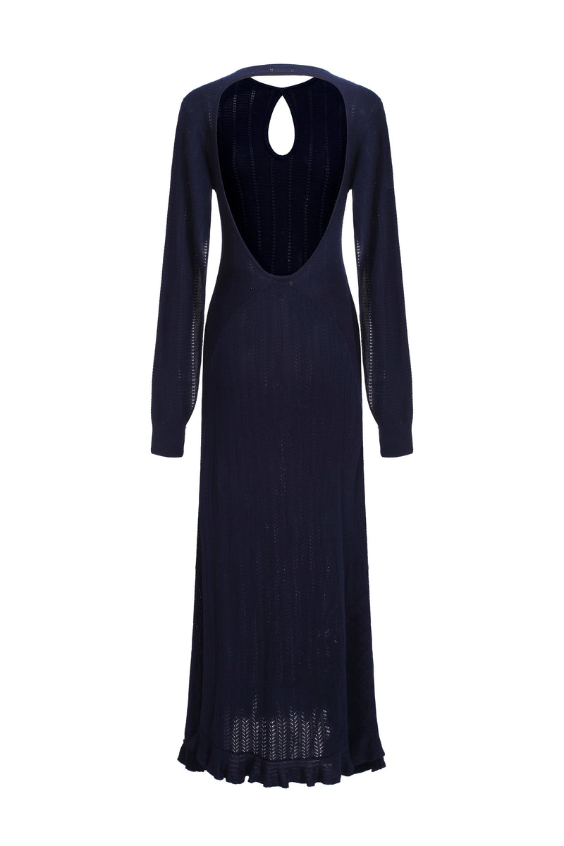 Robe En Maille À Dos Ouvert Et Manches Ouvertes - Bleu Marine