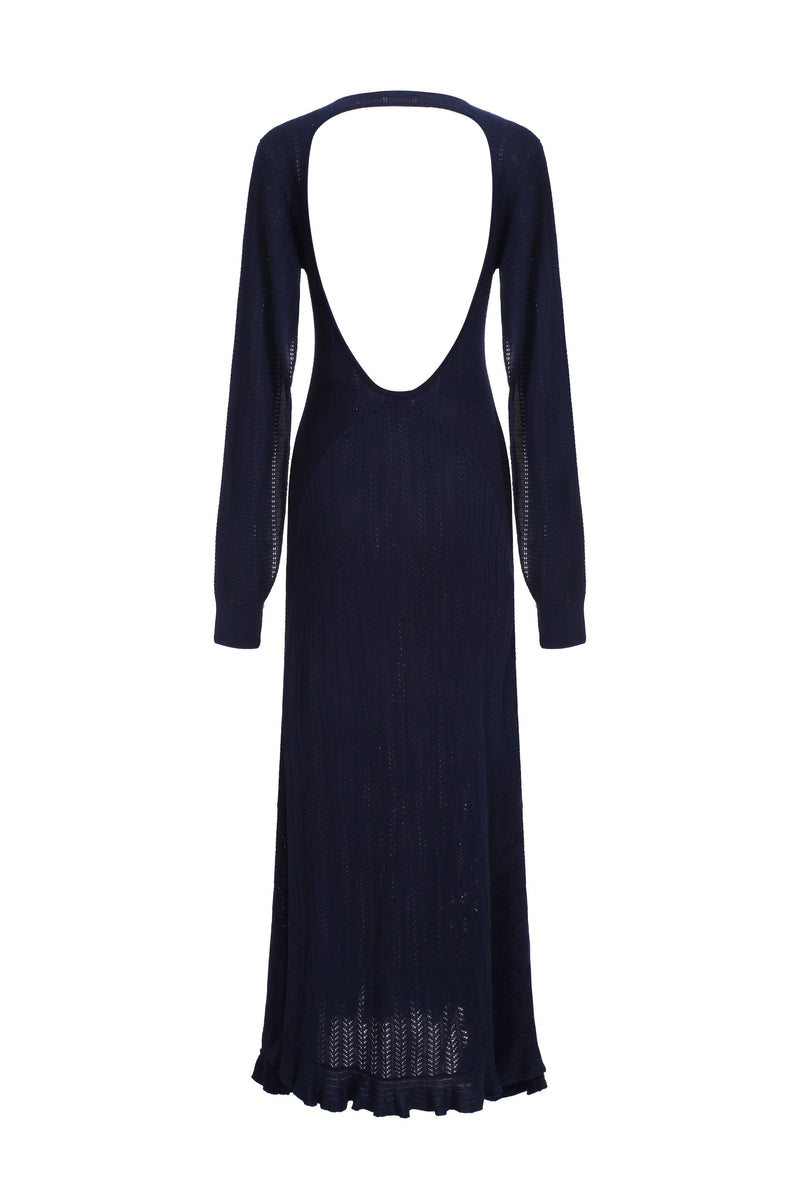 Robe En Maille À Dos Ouvert Et Manches Ouvertes - Bleu Marine