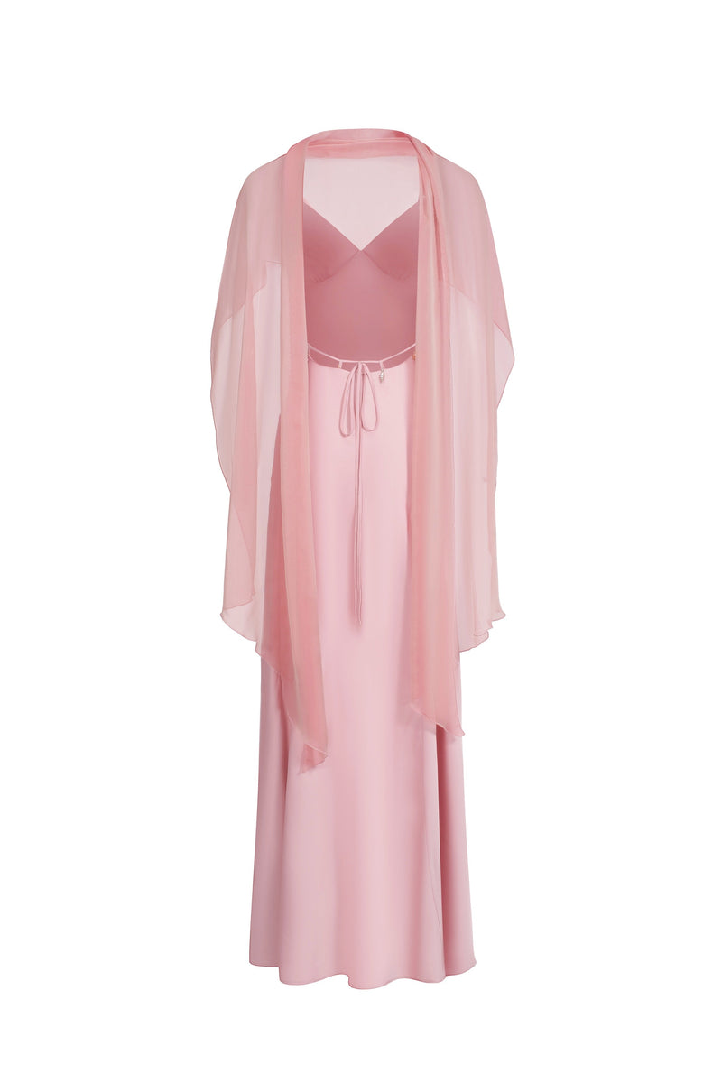 Backless Satin Dress With Pendants - Pink