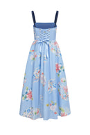Robe Midi À Lacets Et À Imprimé Fleuri - Bleu