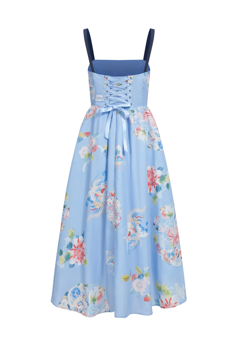 Robe Midi À Lacets Et À Imprimé Fleuri - Bleu