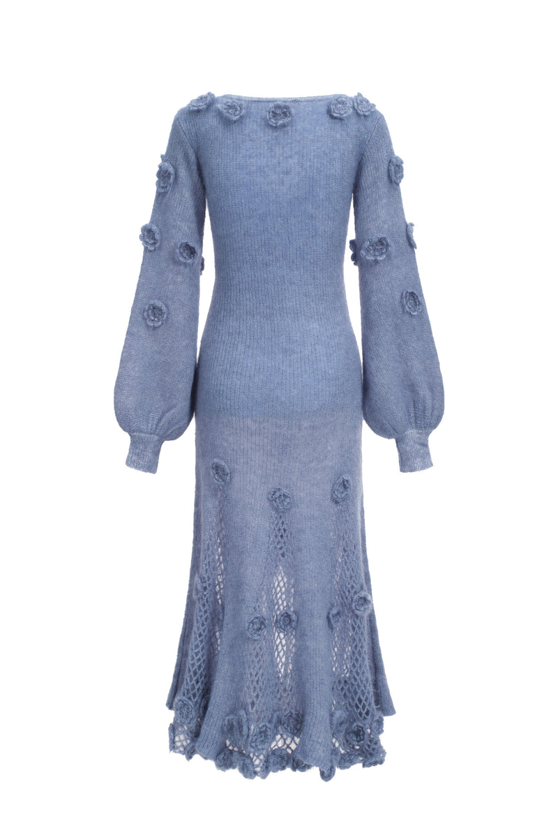 Robe En Mohair Mélangé En Crochet À Fleurs - Bleu