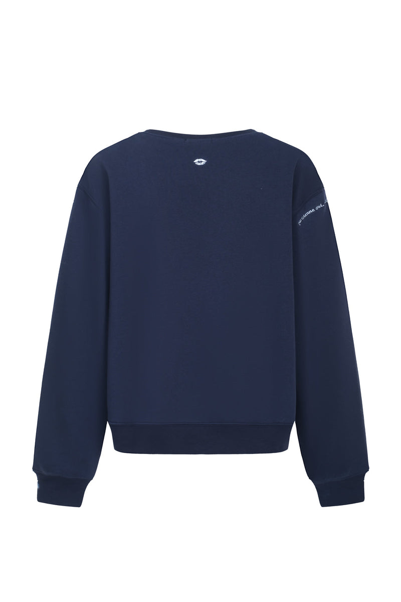 Sweat-Shirt En Jersey De Coton Mélangé À Broderies - Bleu Marine