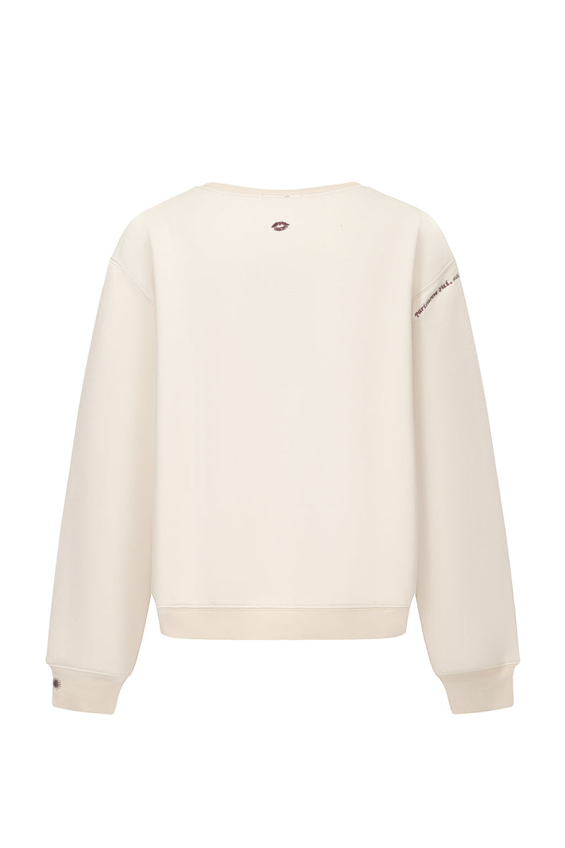Sweat-Shirt En Jersey De Coton Mélangé À Broderies - Beige