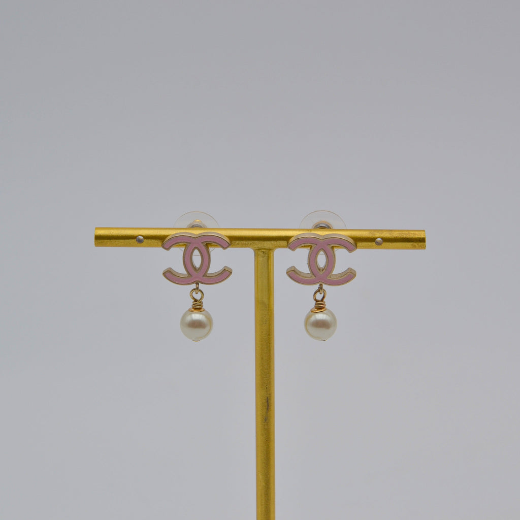 Chanel CC Powder Pink Enamel & Dangling Pearl Earrings