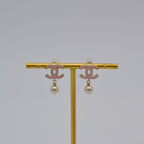 Chanel CC Powder Pink Enamel & Dangling Pearl Earrings