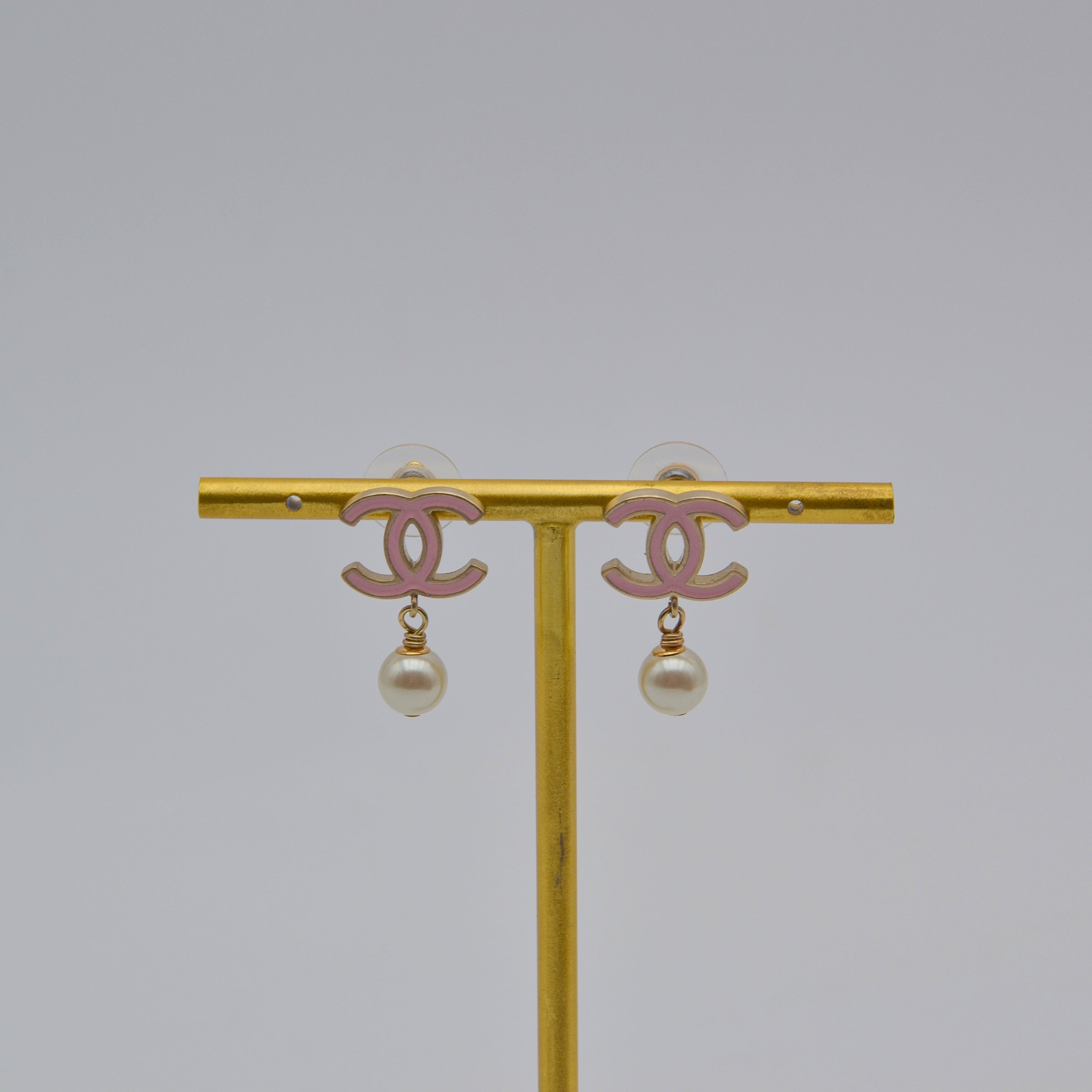 Chanel CC Powder Pink Enamel & Dangling Pearl Earrings