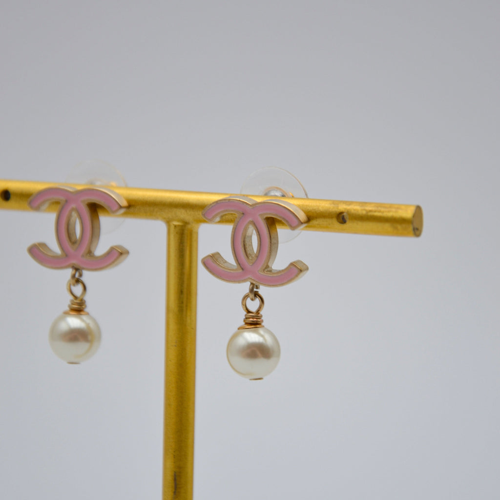 Chanel CC Powder Pink Enamel & Dangling Pearl Earrings