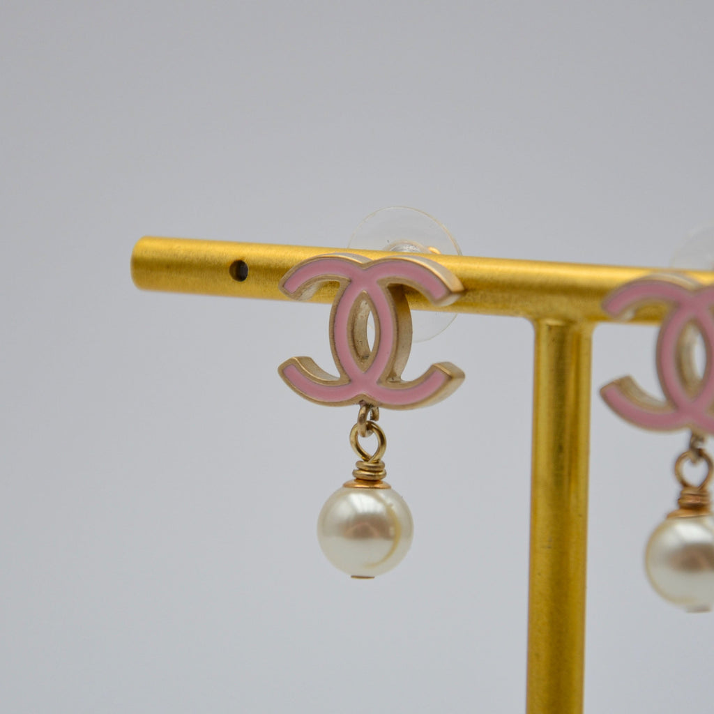 Chanel CC Powder Pink Enamel & Dangling Pearl Earrings
