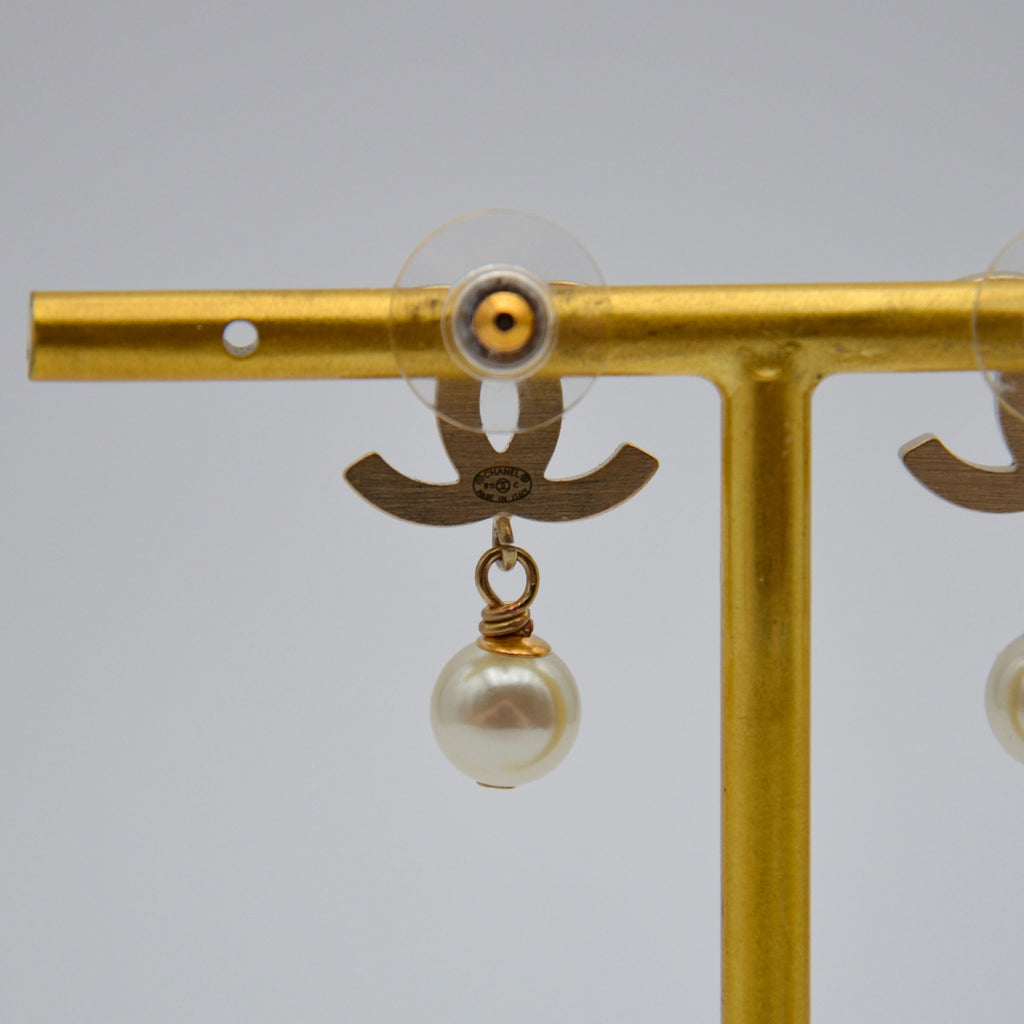 Chanel CC Powder Pink Enamel & Dangling Pearl Earrings