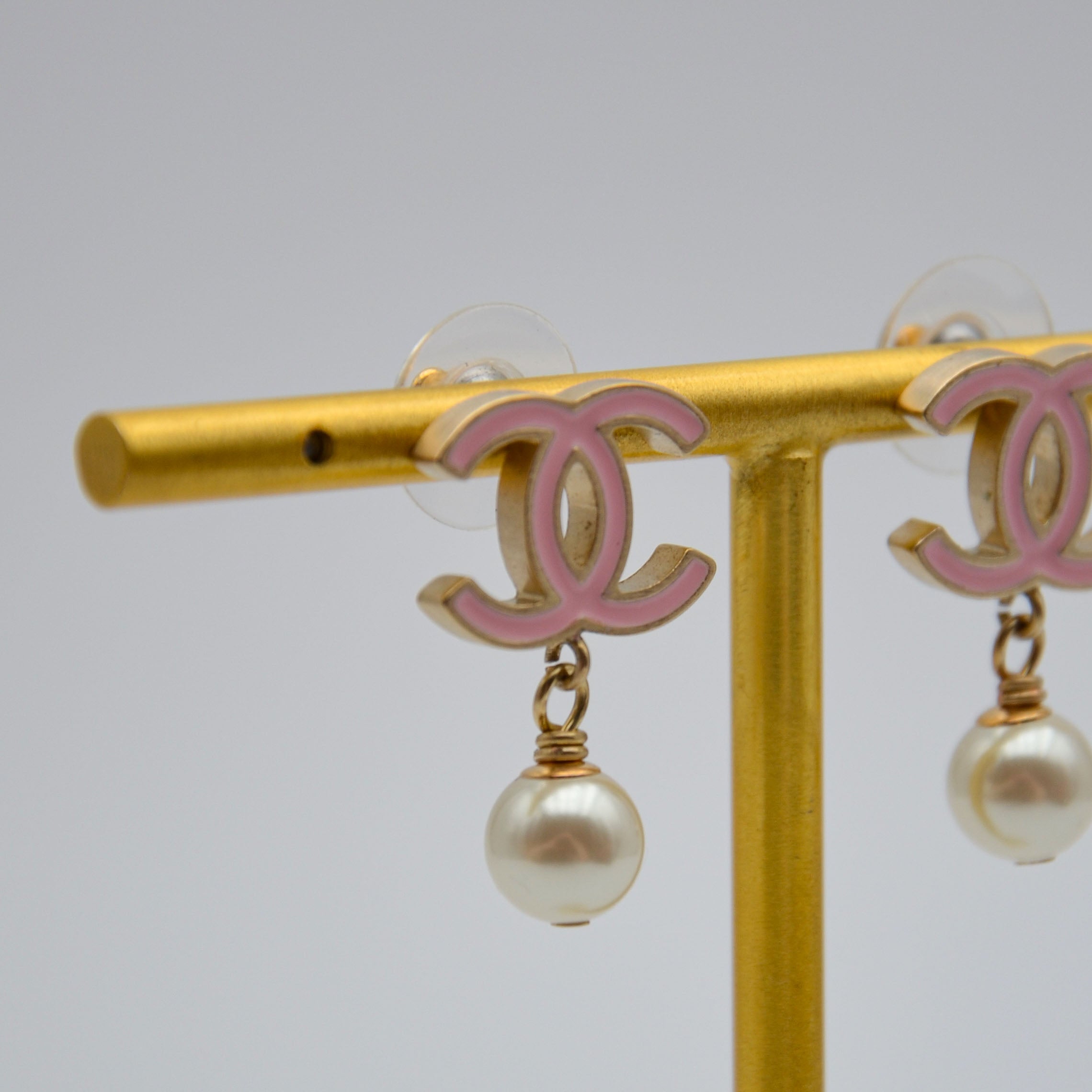 Chanel CC Powder Pink Enamel & Dangling Pearl Earrings