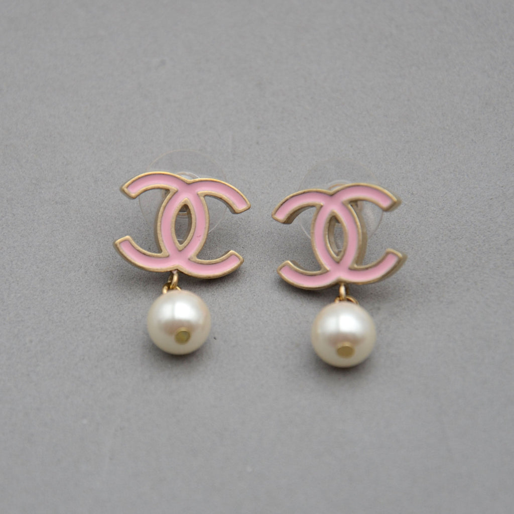 Chanel CC Powder Pink Enamel & Dangling Pearl Earrings