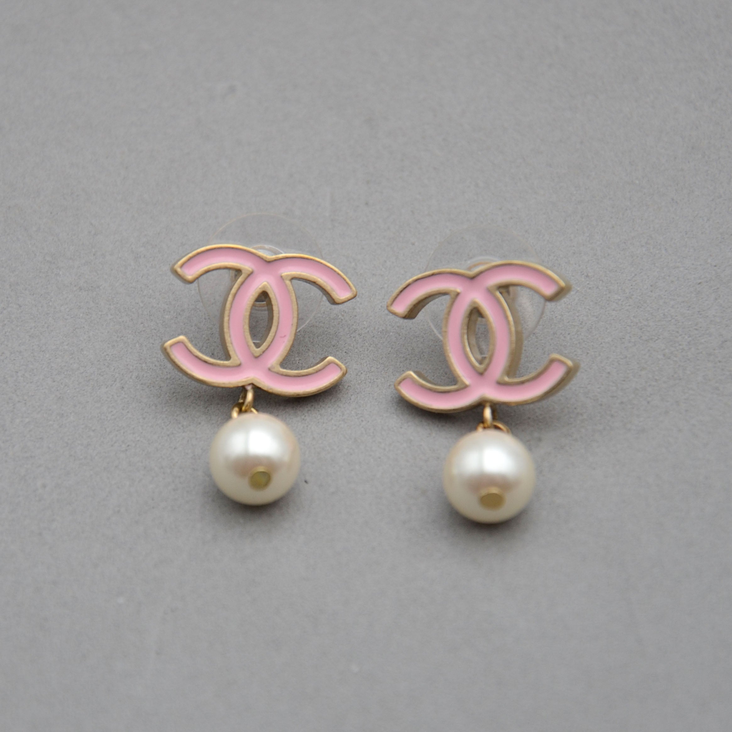 Chanel CC Powder Pink Enamel & Dangling Pearl Earrings