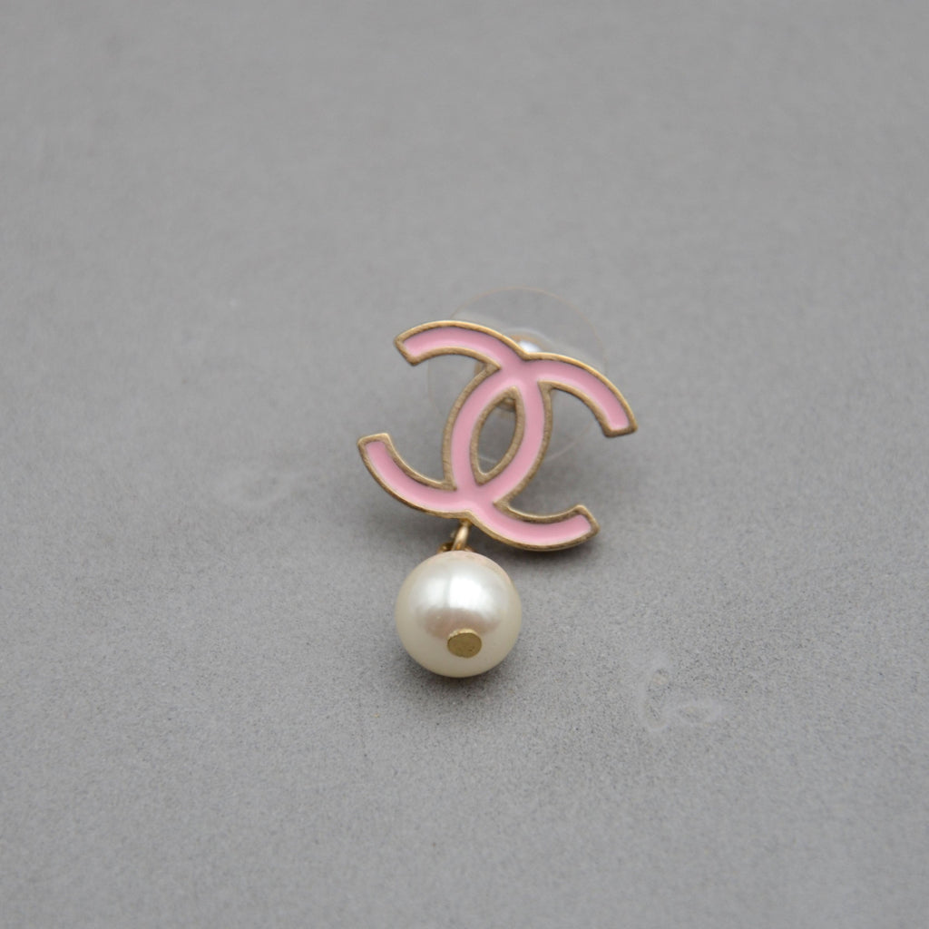 Chanel CC Powder Pink Enamel & Dangling Pearl Earrings