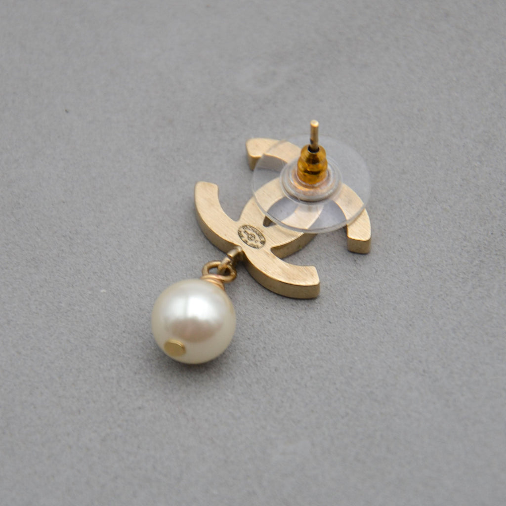 Chanel CC Powder Pink Enamel & Dangling Pearl Earrings