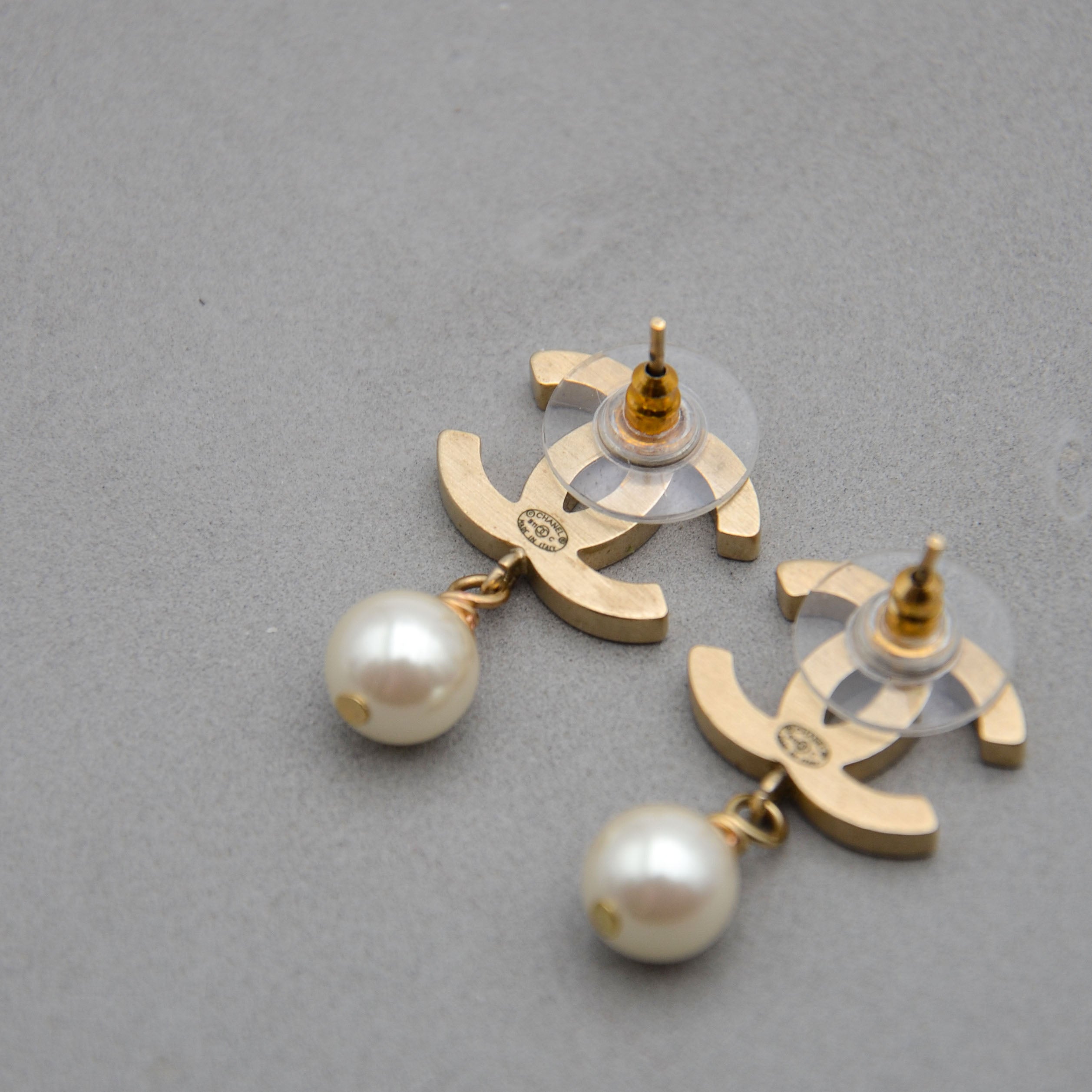 Chanel CC Powder Pink Enamel & Dangling Pearl Earrings
