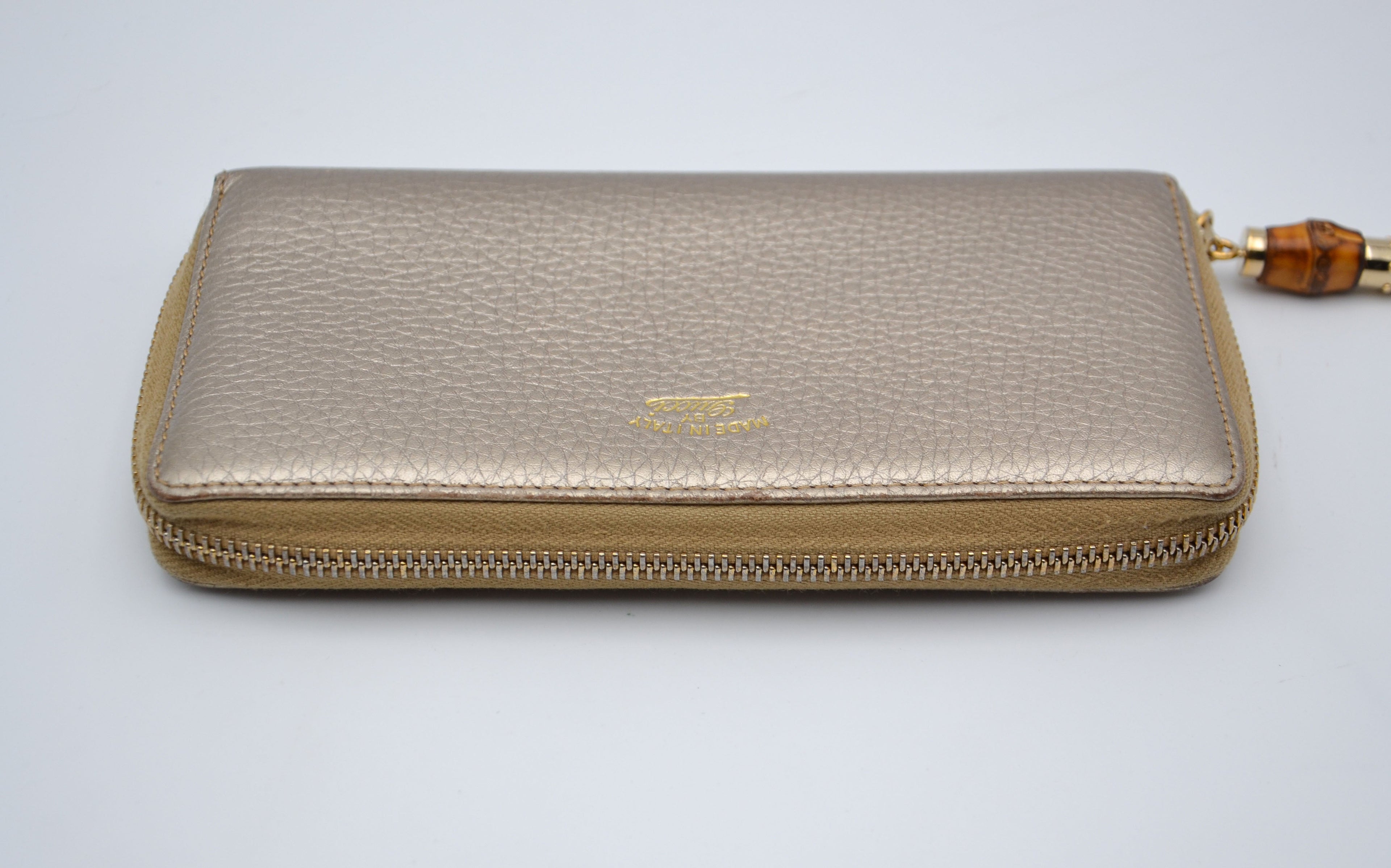 Gucci Gold Grained Leather Bamboo Zippy Wallet