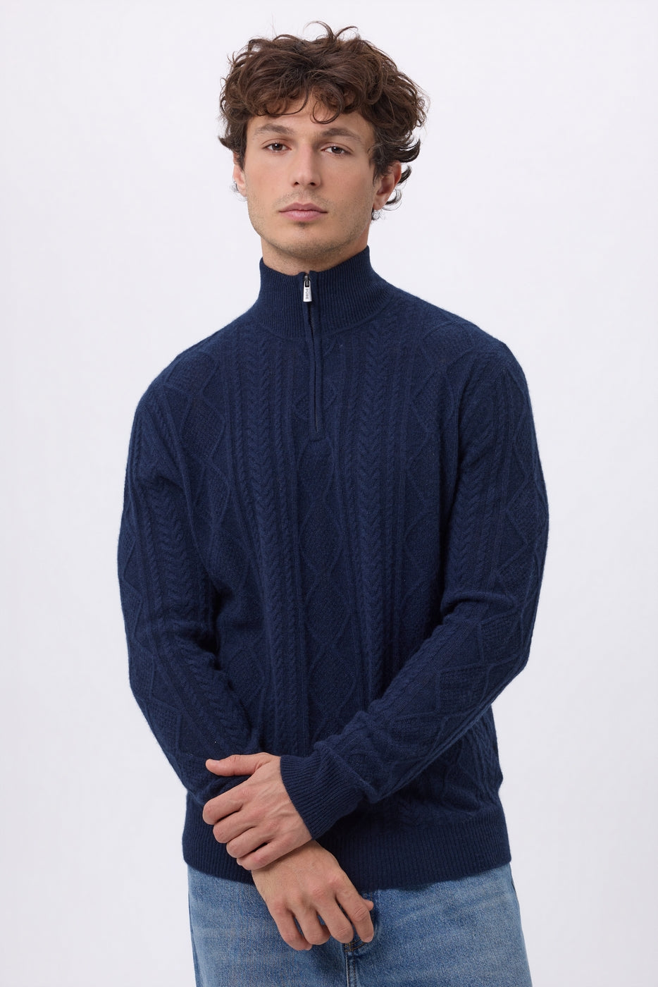 Pull Grand Col Montant Zippé Torsades Dulce - Bleu Marine - Homme