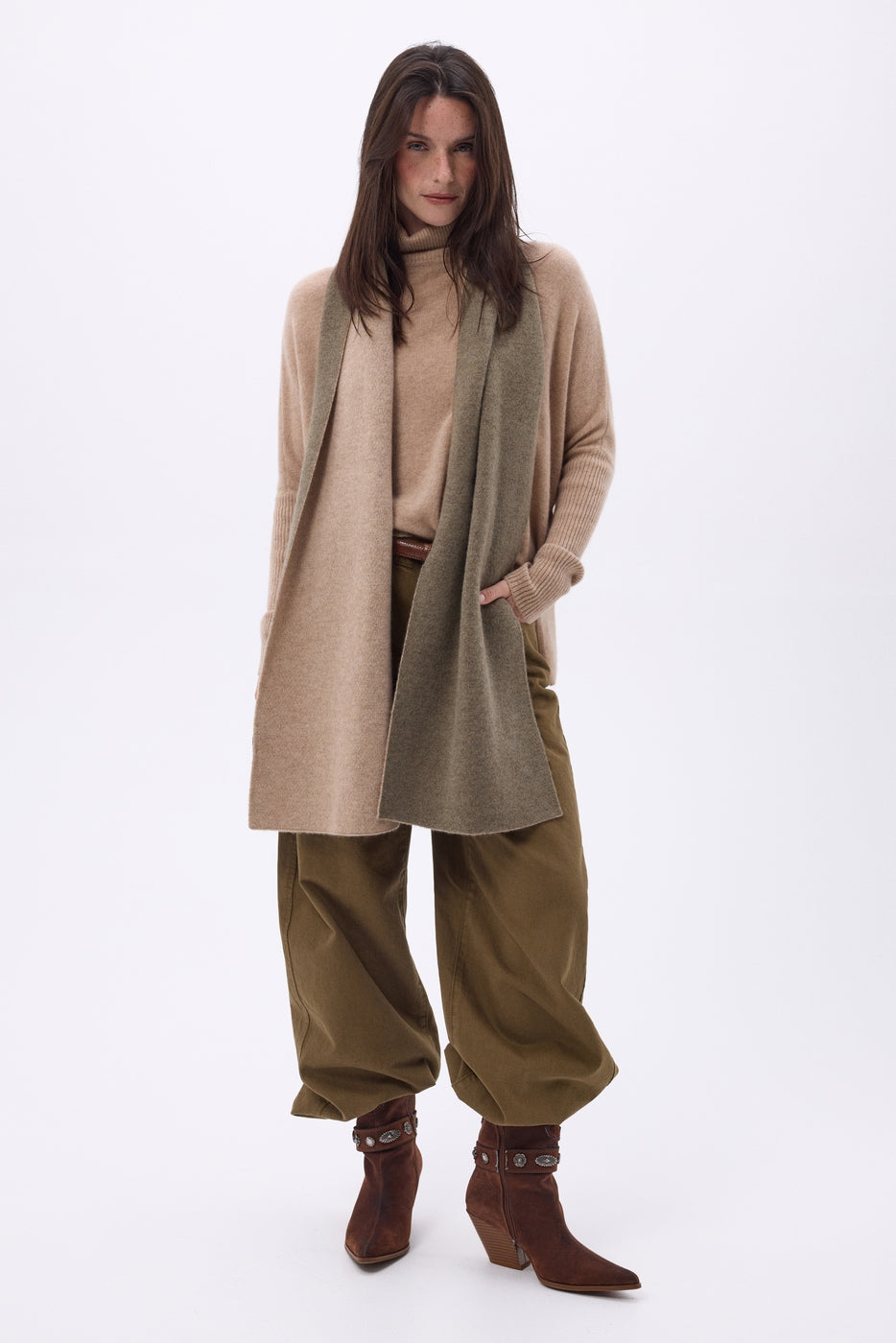Echarpe Tres Épaiesse Double Face Bi Colore Duo - Beige Creme -Khaki Chine - Mixte