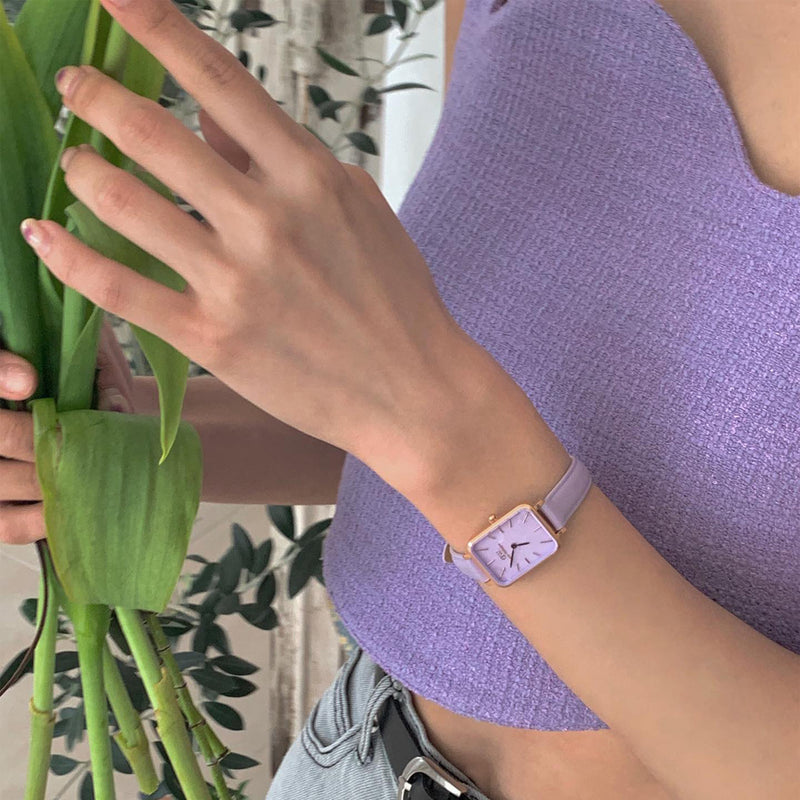 Reloj Quadro de cuero morado, oro rosa y morado