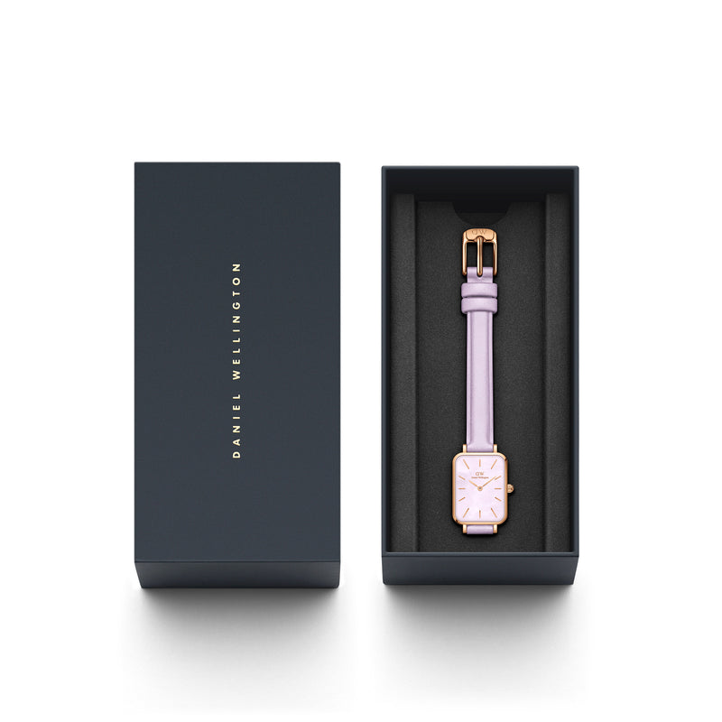 Reloj Quadro de cuero morado, oro rosa y morado