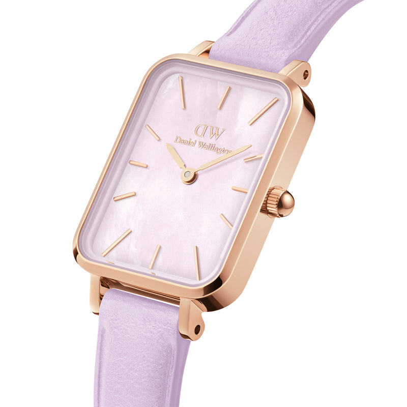 Reloj Quadro de cuero morado, oro rosa y morado