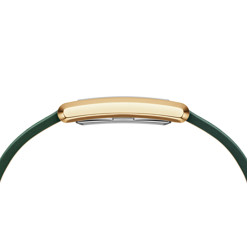 Reloj encuadernado en cuero de cocodrilo verde color champán y dorado con rayos de sol