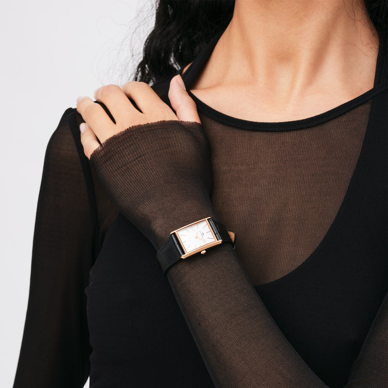 Bound Black Croc Leather White Rose Gold Watch
