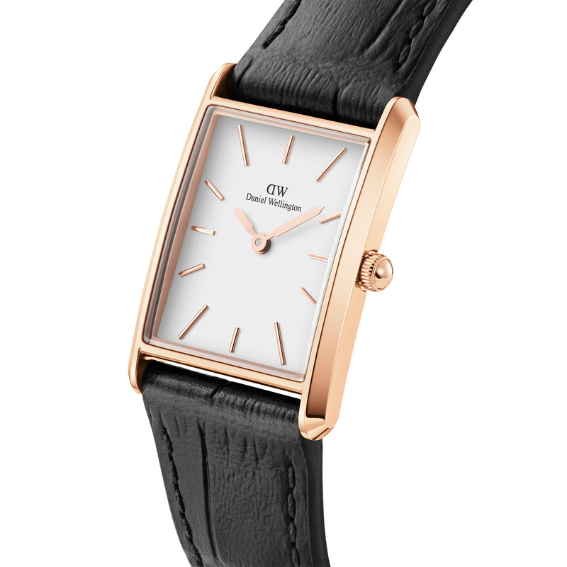 Bound Black Croc Leather White Rose Gold Watch