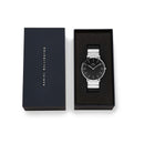 Reloj clásico de plata con ónix y enlace de piano