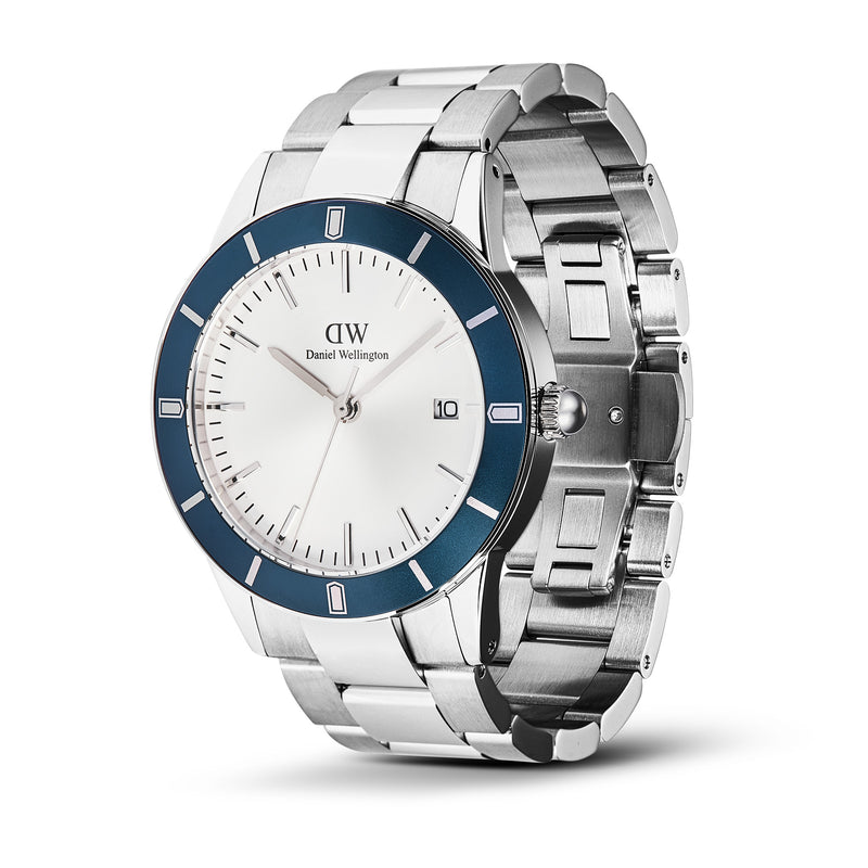 Reloj icónico Paradigma Link blanco con bisel azul rayos de sol y plateado