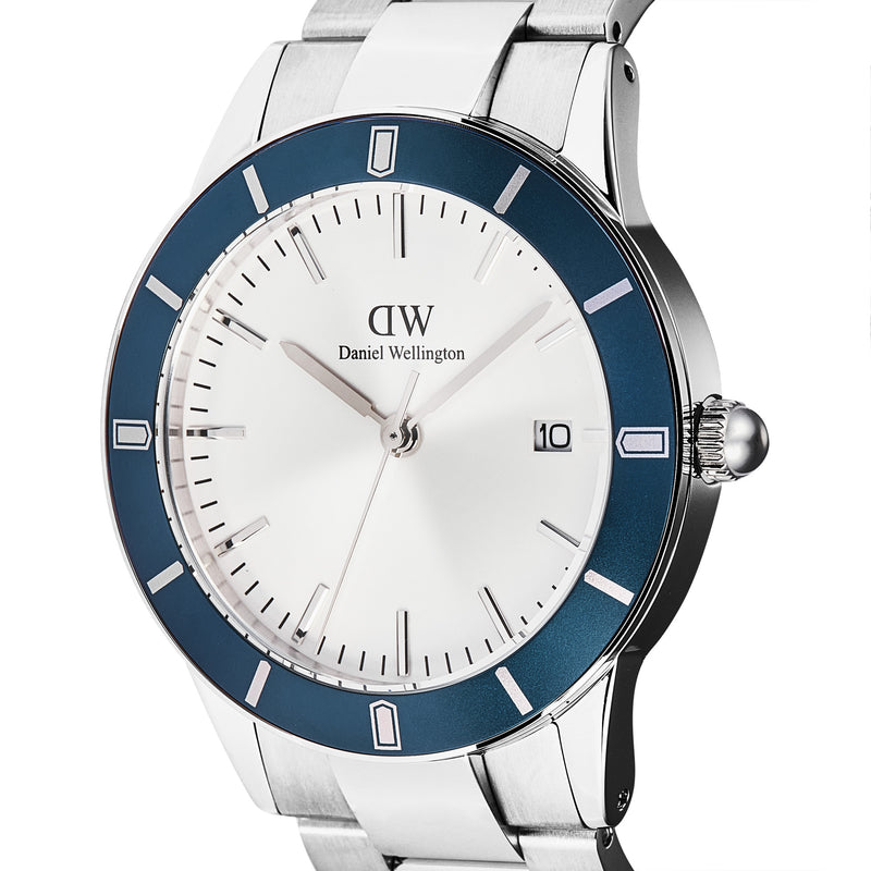Reloj icónico Paradigma Link blanco con bisel azul rayos de sol y plateado