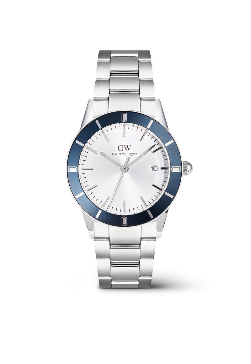 Reloj icónico Paradigma Link blanco con bisel azul rayos de sol y plateado