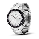 Icónico reloj plateado con bisel negro y rayos de sol en blanco Paradigma Link
