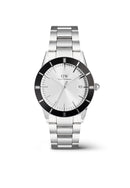 Icónico reloj plateado con bisel negro y rayos de sol en blanco Paradigma Link