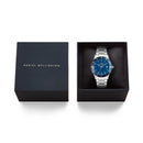 Reloj plateado con bisel azul y esmalte azul icónico Paradigma Link