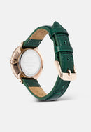 Reloj de oro rosa con bisel cristalino, cocodrilo verde, blanco y fregona