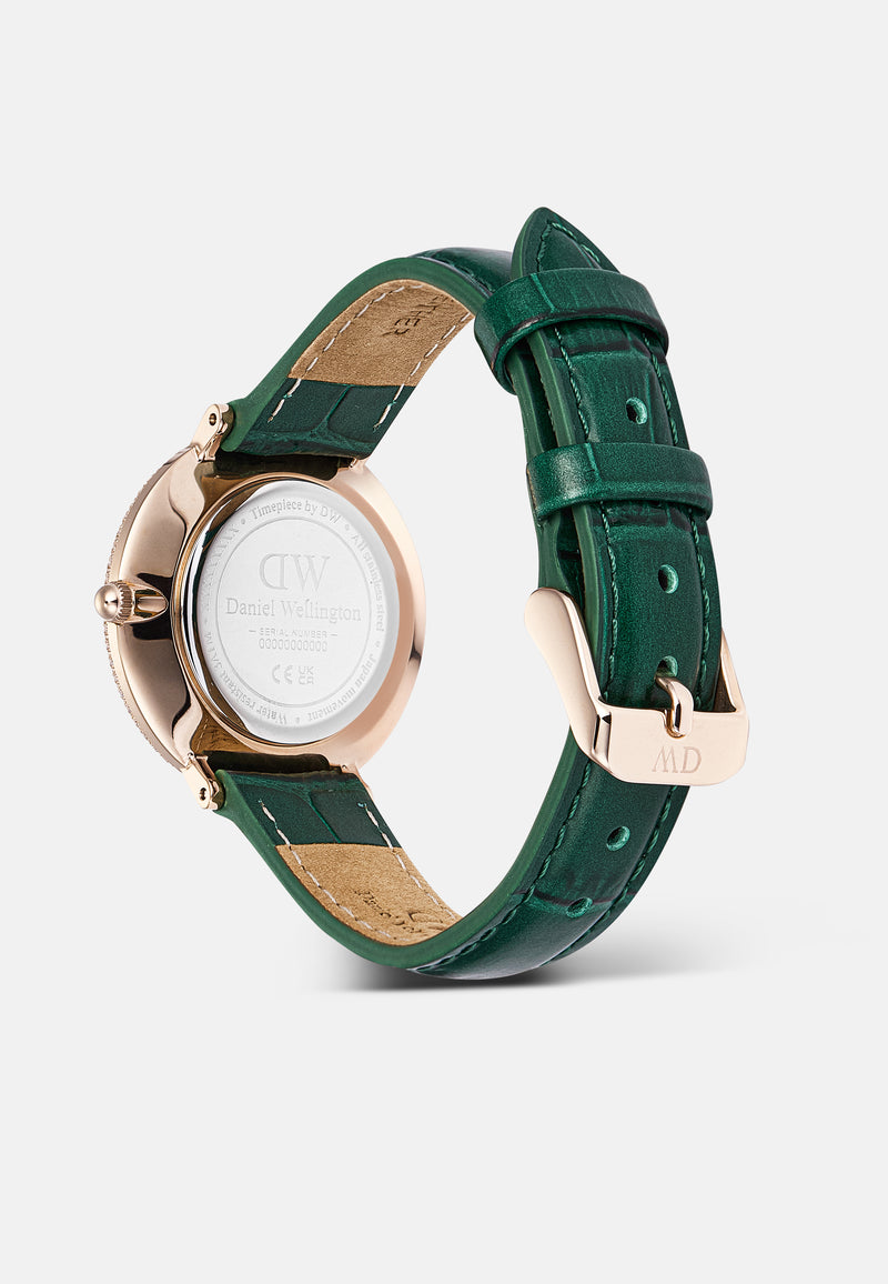 Reloj de oro rosa con bisel cristalino, cocodrilo verde, blanco y fregona