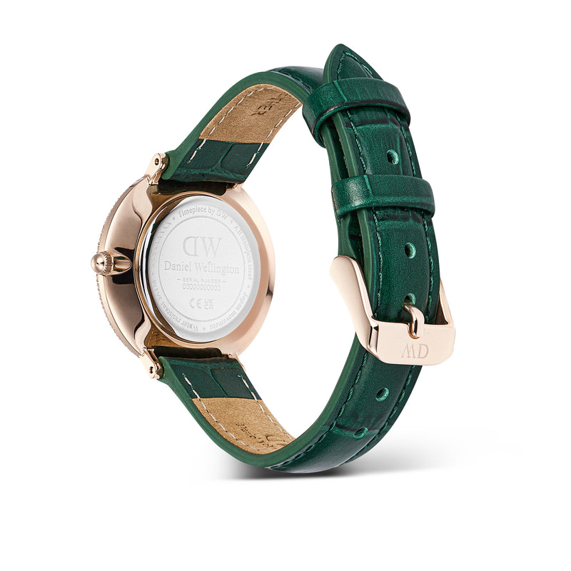 Reloj de oro rosa con bisel cristalino, cocodrilo verde, blanco y fregona