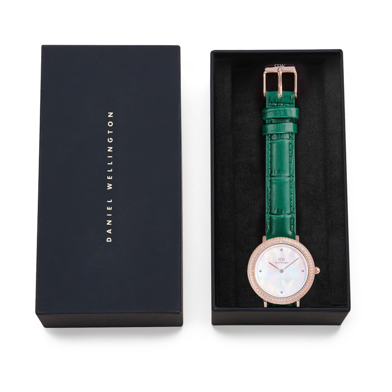 Reloj de oro rosa con bisel cristalino, cocodrilo verde, blanco y fregona