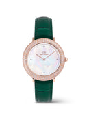 Reloj de oro rosa con bisel cristalino, cocodrilo verde, blanco y fregona