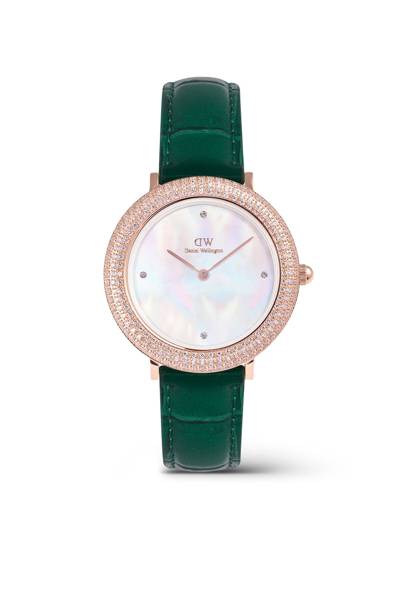 Reloj de oro rosa con bisel cristalino, cocodrilo verde, blanco y fregona