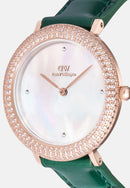 Reloj de oro rosa con bisel cristalino, cocodrilo verde, blanco y fregona