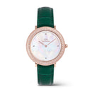 Reloj de oro rosa con bisel cristalino, cocodrilo verde, blanco y fregona