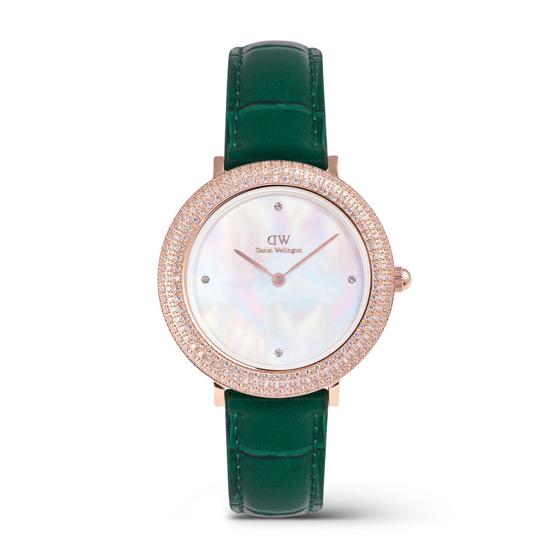 Reloj de oro rosa con bisel cristalino, cocodrilo verde, blanco y fregona