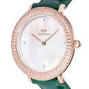 Reloj de oro rosa con bisel cristalino, cocodrilo verde, blanco y fregona
