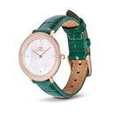 Reloj de oro rosa con bisel cristalino, cocodrilo verde, blanco y fregona